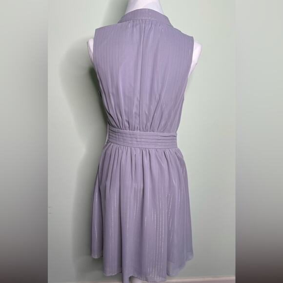 ModCloth Sunny City A-line Tie Neck Grey Dress Silver Sparkles Stripe Medium - Picture 3 of 11